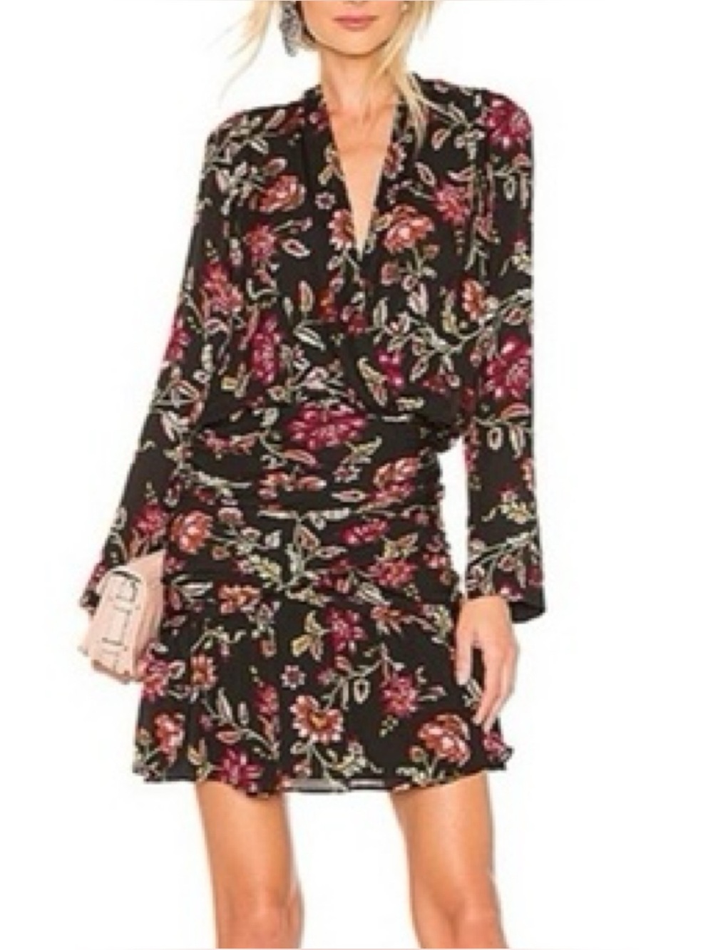 A.L.C. Haven Black Floral Silk Long Sleeve Ruched V-Neck Mini Dress Size 2